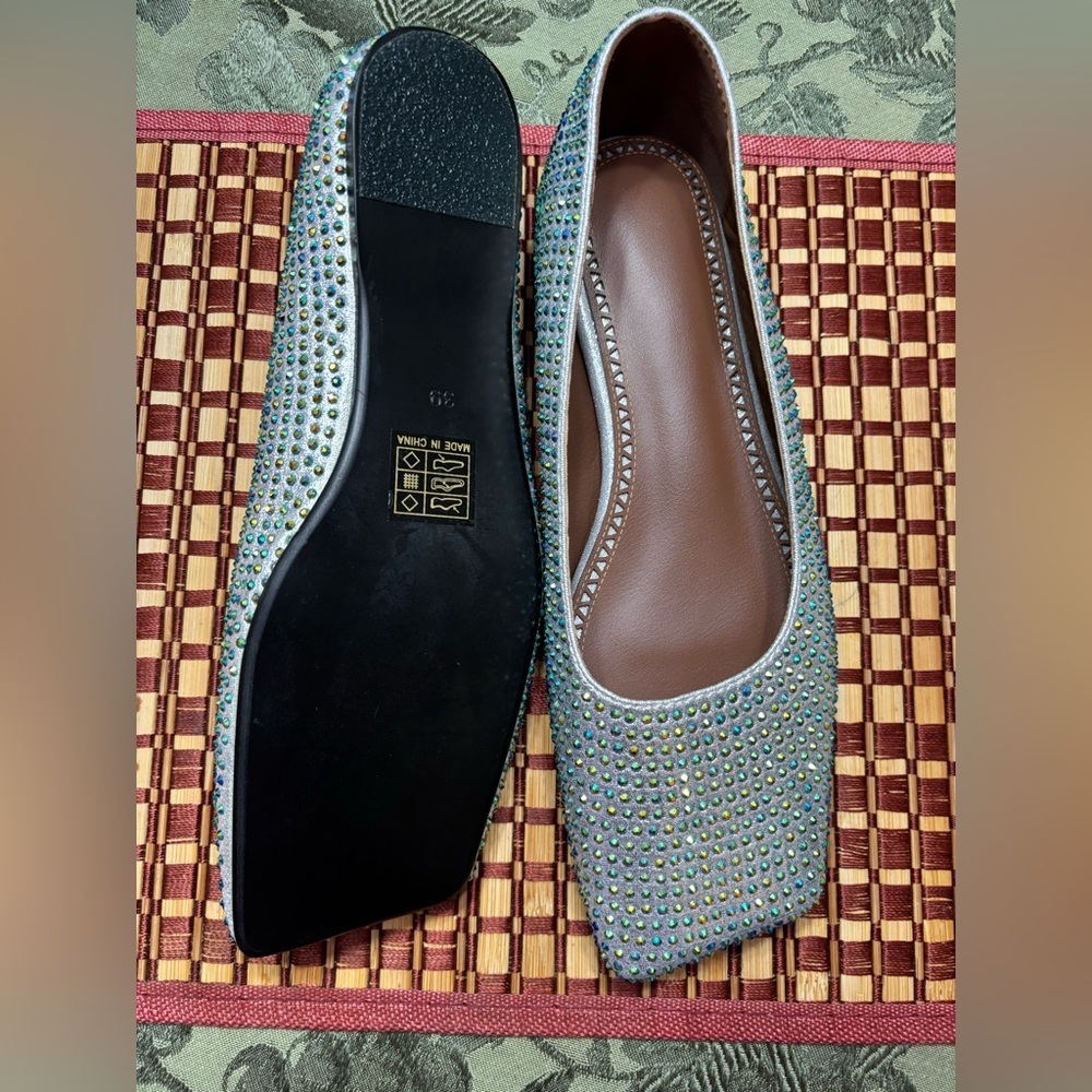 Source Unknown Iridescent Crystal-Embellished Square-Toe Flats in Green - Picture 3 of 4